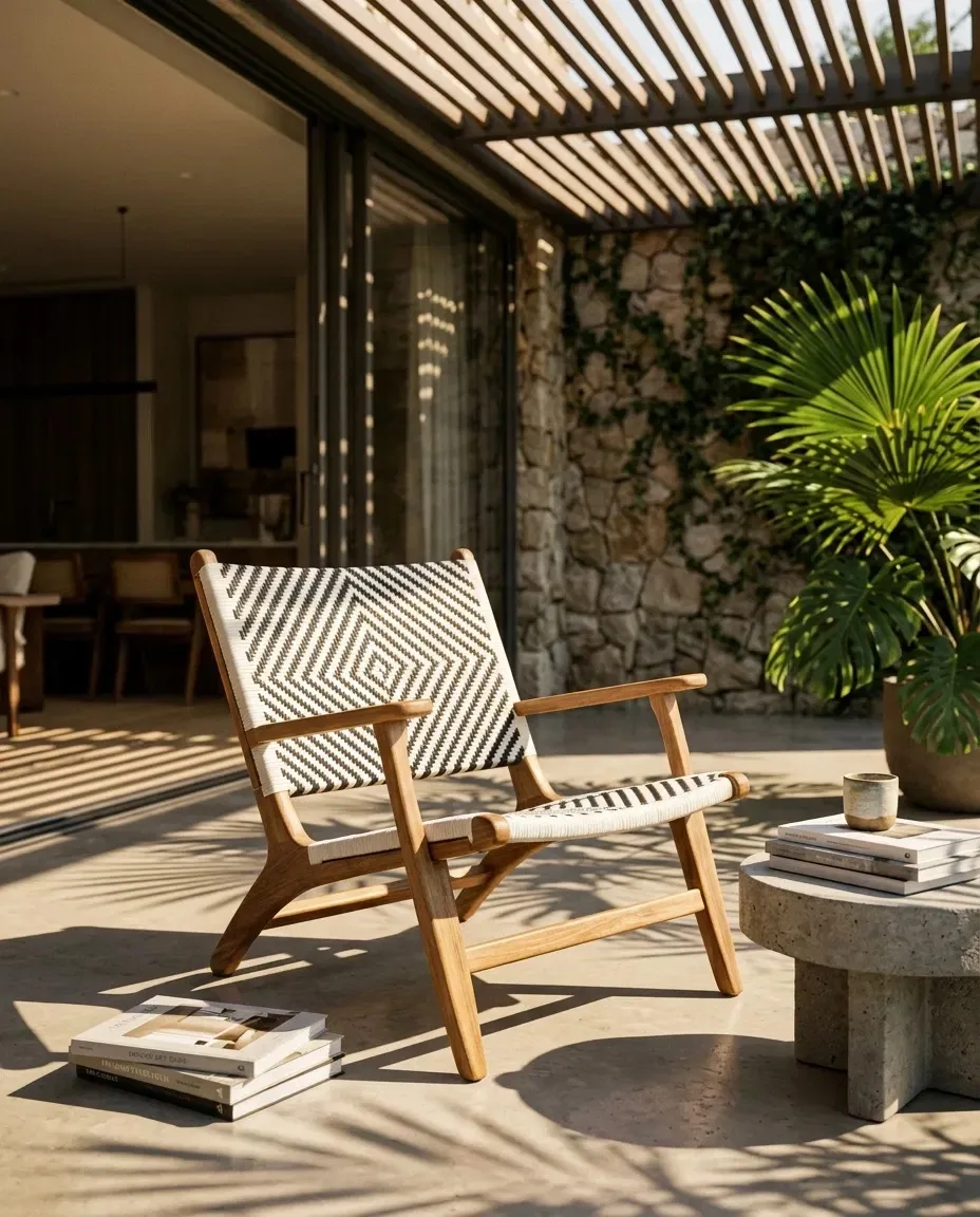 Geometric woven armchair on a shaded stone terrace