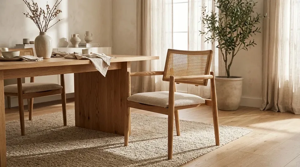 Cane-back dining armchair at a wooden dining table