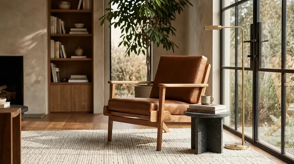 Tan cushioned lounge armchair beside a bookcase