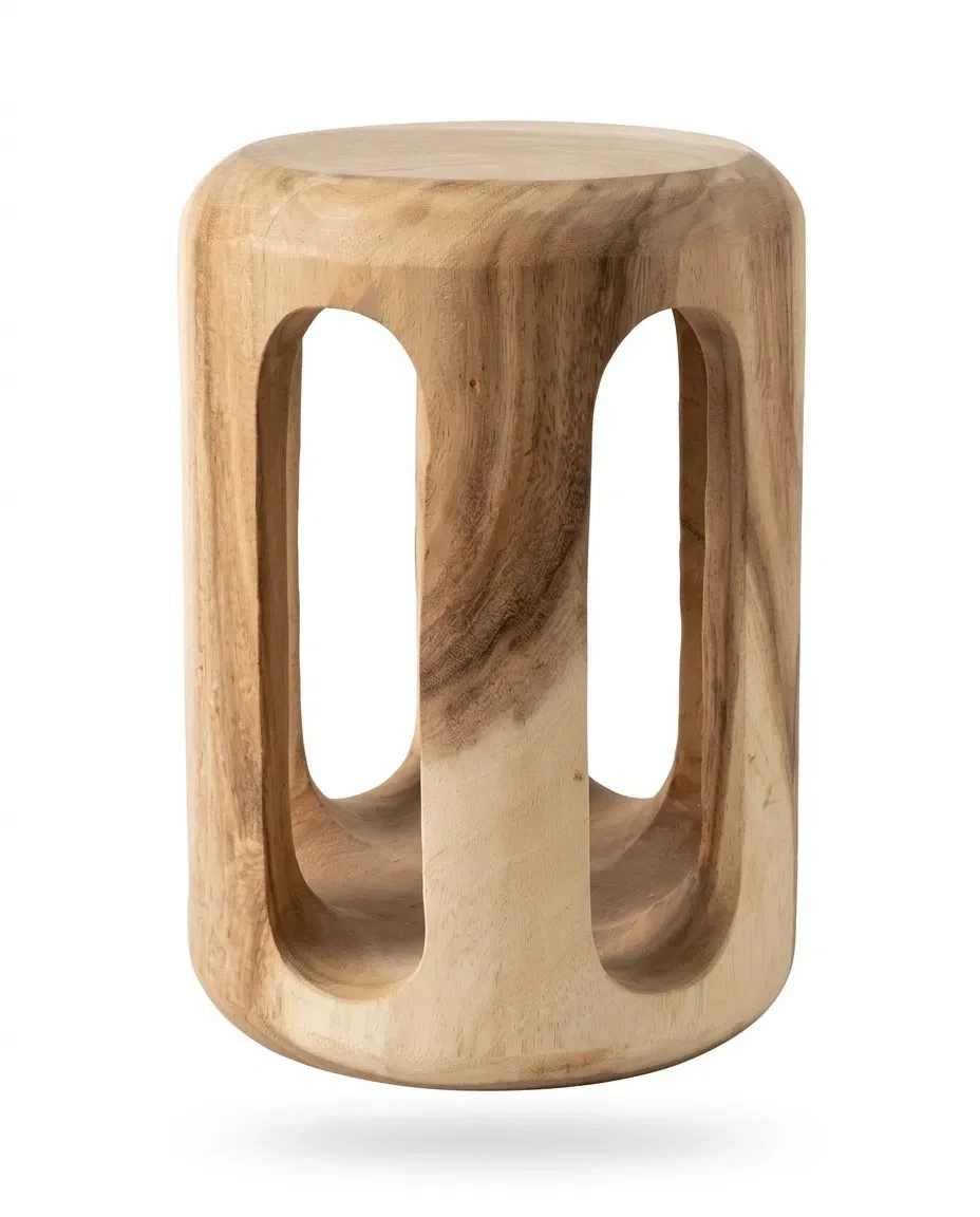 Carved solid teak cylinder stool with tall oval cut-outs, front view