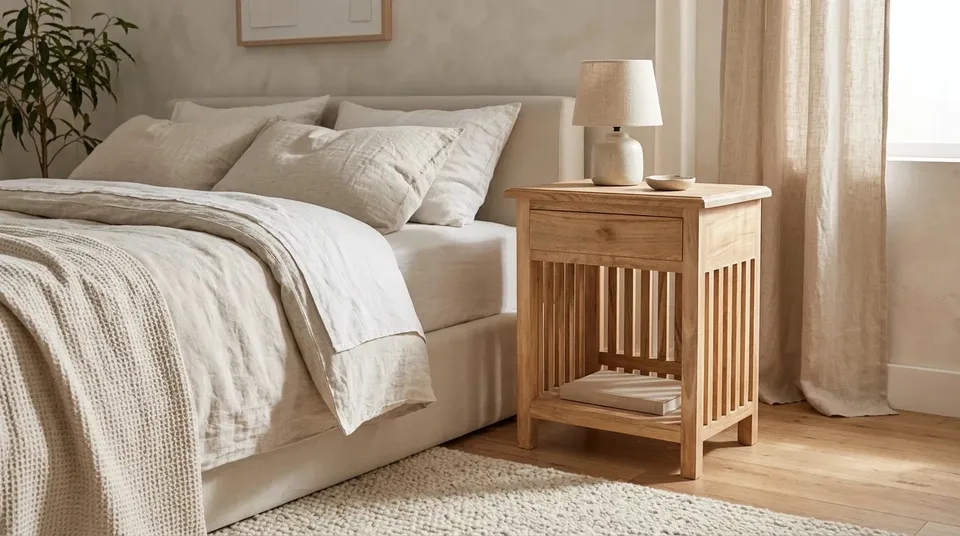 Slatted nightstand with a lamp in a bright bedroom