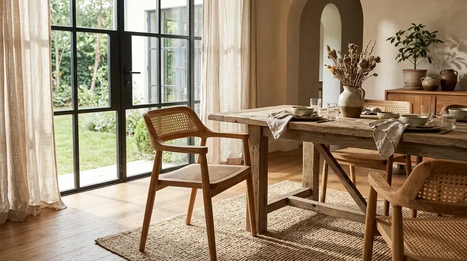 Cane dining armchairs around a rustic dining table