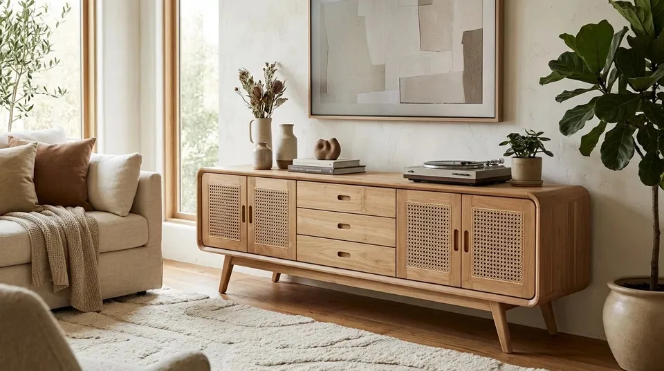 Cane-door TV console in a bright living room