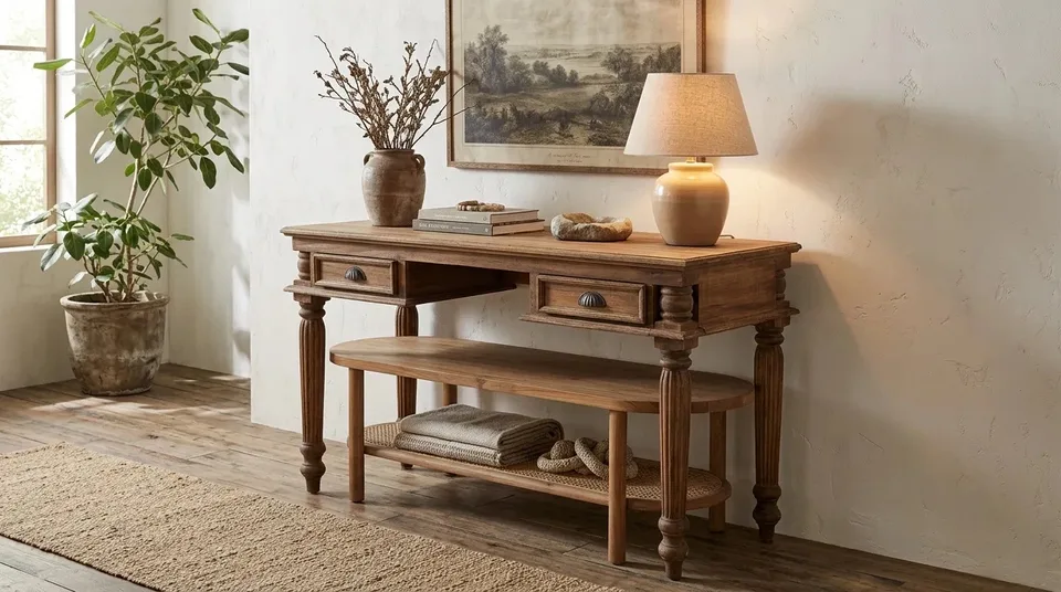 Writing desk with table lamp and books in a living room