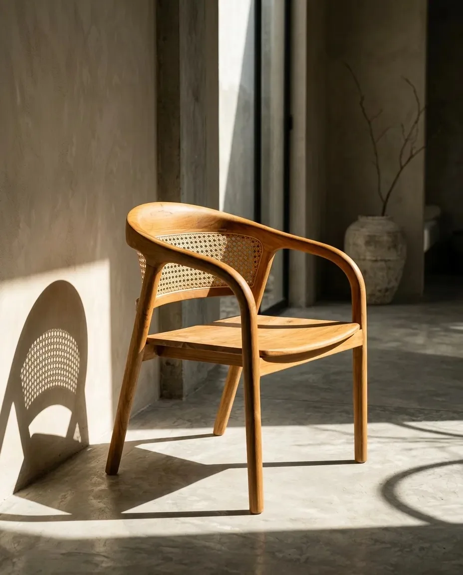 Round-back cane armchair casting a shadow on a plaster wall