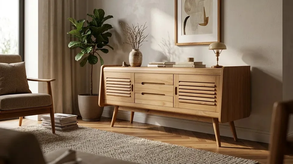 Louvered sideboard in a living room beside an armchair