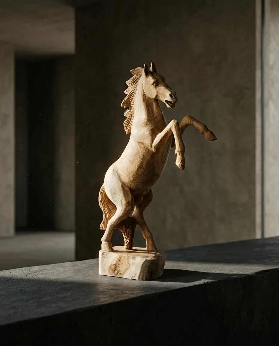 Carved rearing horse on a concrete ledge in low light