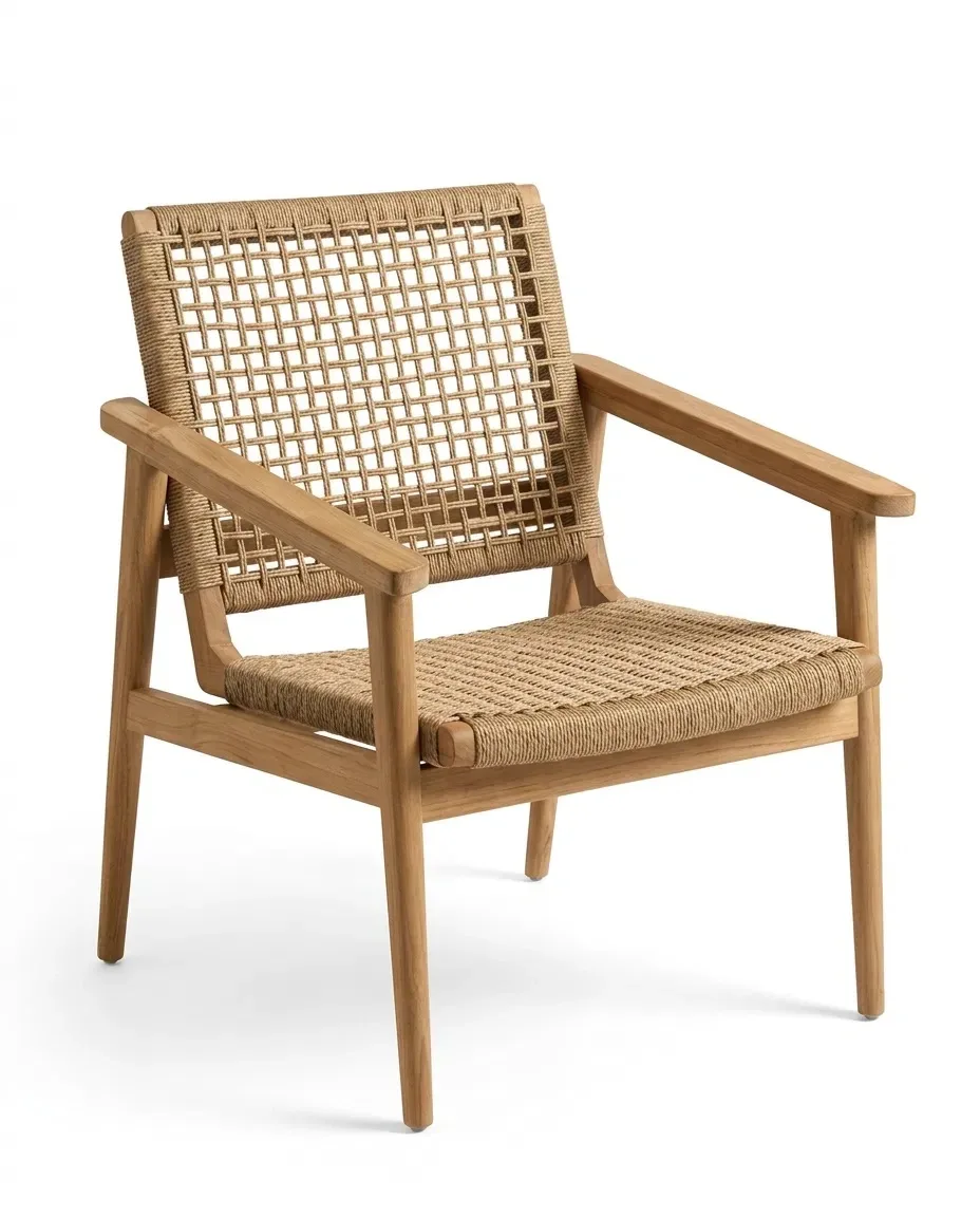 Armchair with open woven cord back and dense woven seat, three-quarter view