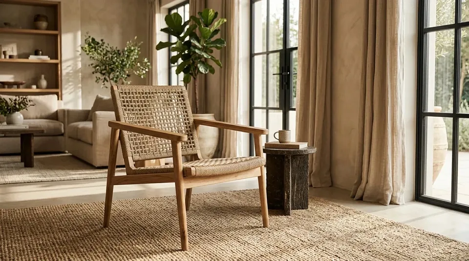 Woven cord armchair on a jute rug in a living room