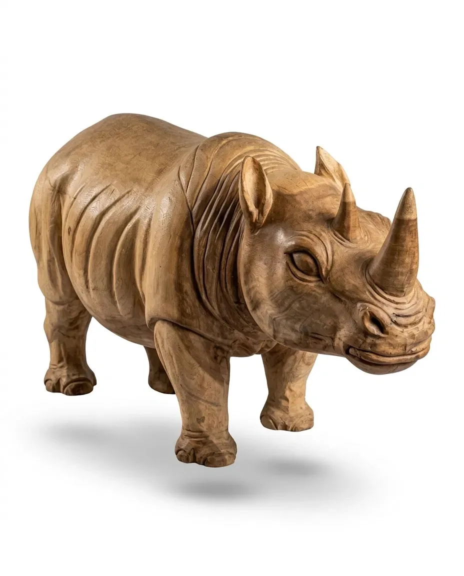 Hand-carved wooden rhinoceros standing, three-quarter view