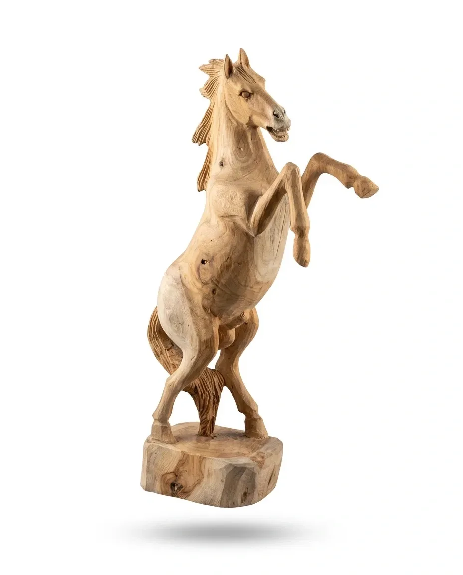 Hand-carved wooden horse rearing on a natural wood base, side view