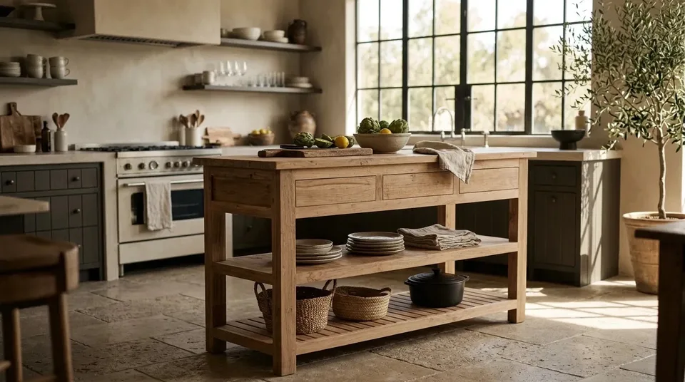 Workbench used as a kitchen island with cookware on the shelves