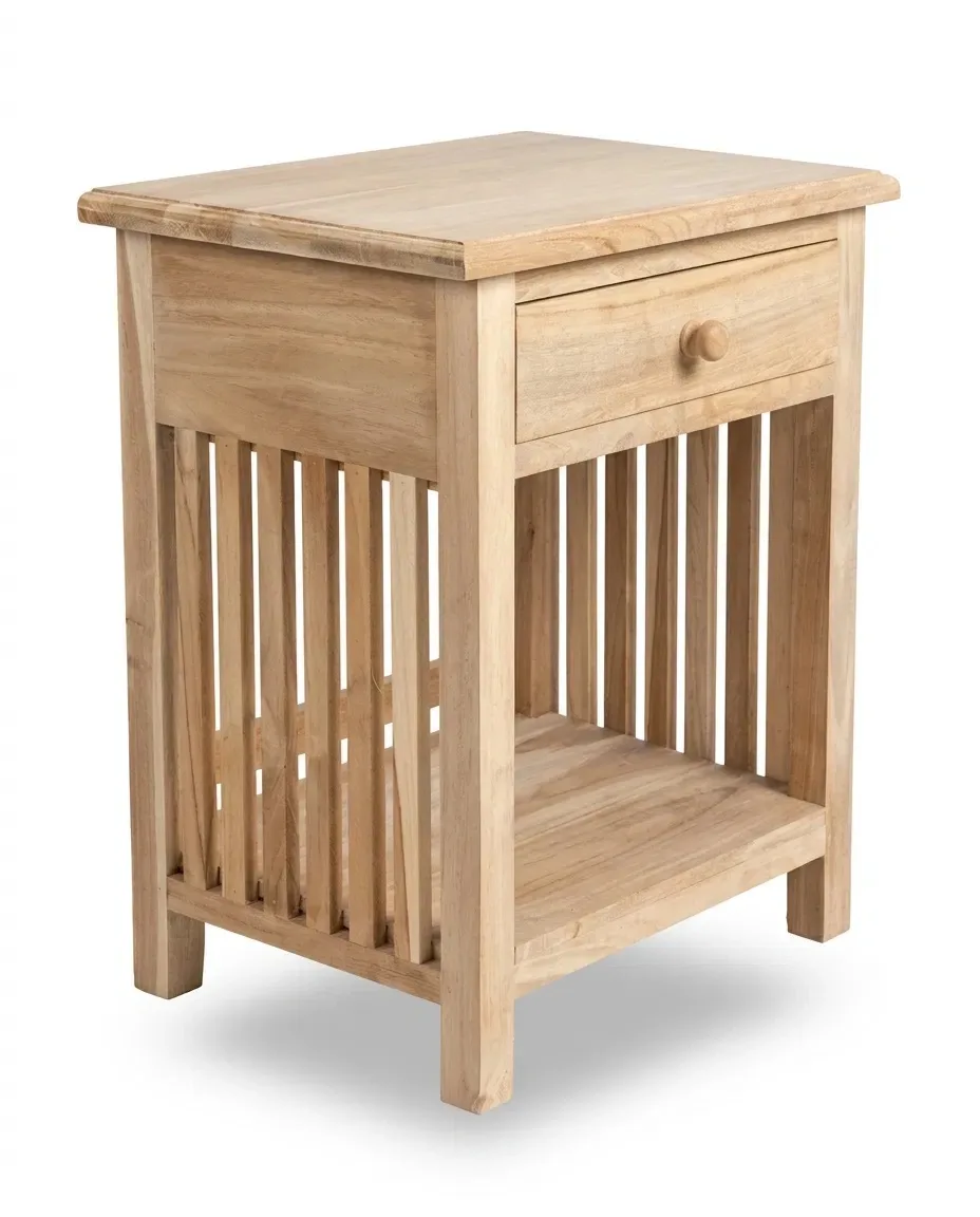 Solid teak nightstand with one drawer and slatted sides, three-quarter view
