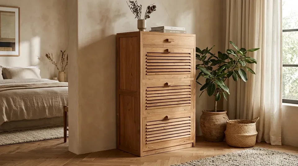 Louvered shoe cabinet next to a bedroom doorway
