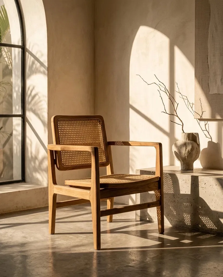 Square-frame cane armchair in an arched room with a branch vase