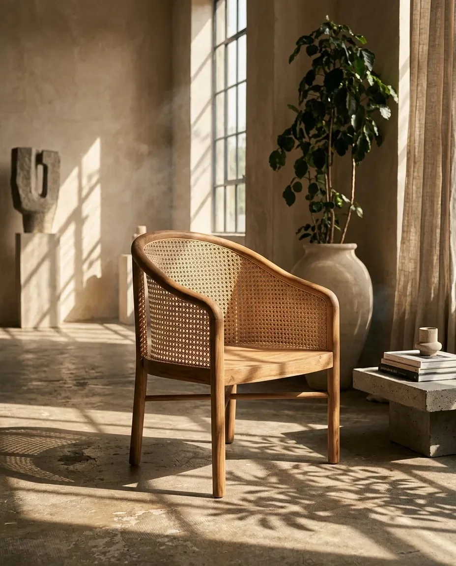 Cane tub armchair in a sunlit room with plants and stone floor