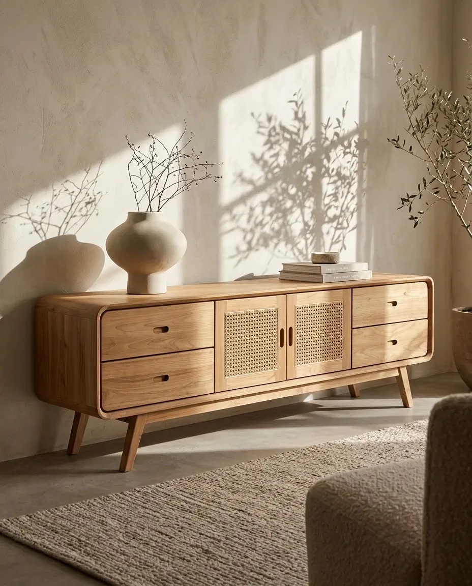 Cane-door TV console with vases in a sunlit room