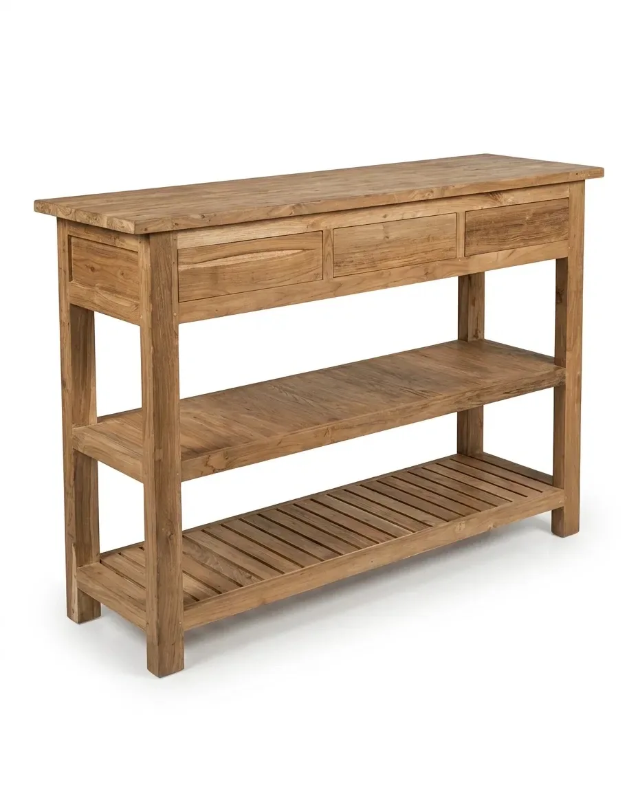 Solid teak workbench with paneled apron and two open shelves, three-quarter view