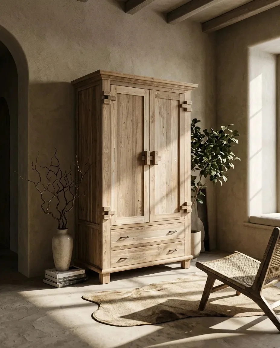 Two-door wardrobe in an arched room beside a lounge chair