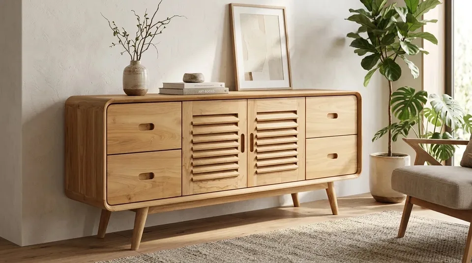Louvered sideboard in a living room with plants