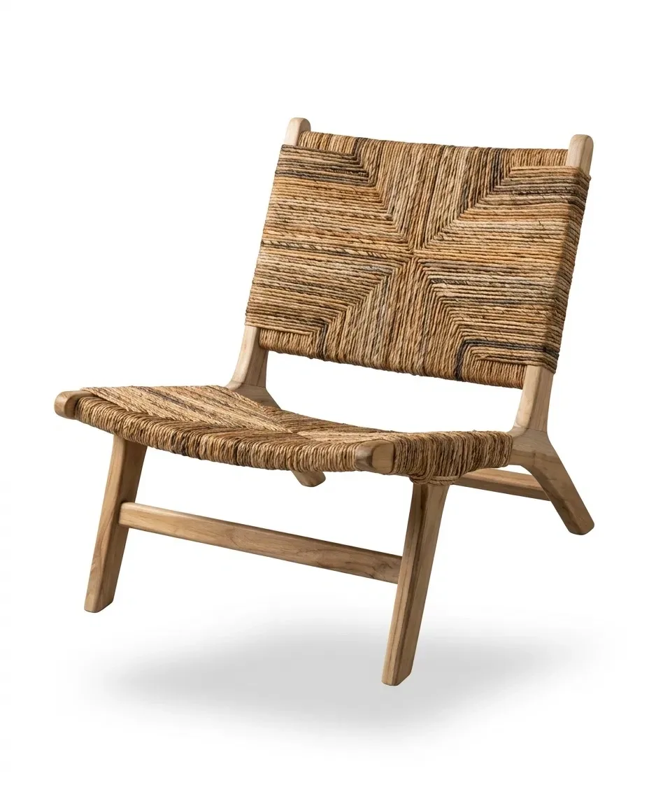 Low lounge chair with geometric natural-fiber woven seat and back, three-quarter view
