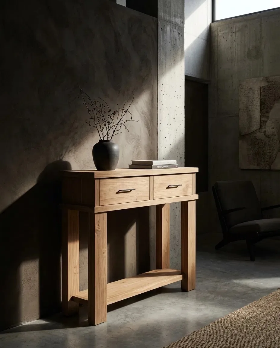 Narrow console with a dark vase in a concrete interior