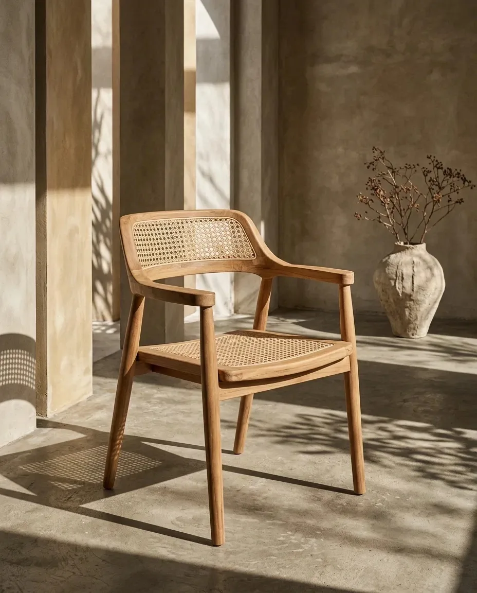 Cane dining armchair beside a dried-flower vase in sunlight