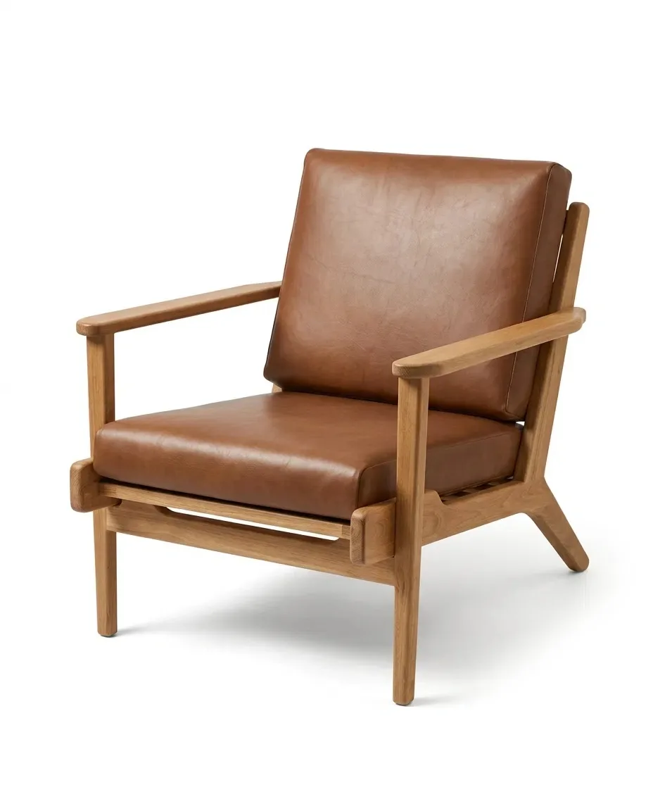 Lounge armchair with tan upholstered cushions and wide wooden arms, three-quarter view