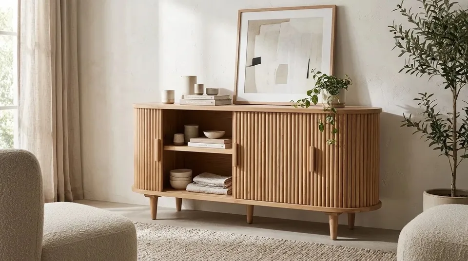 Tambour sideboard styled with books in a living room