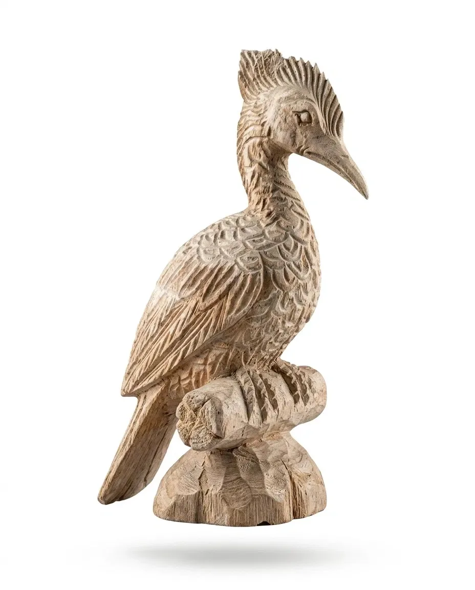 Hand-carved wooden crested bird perched on a branch base, side view
