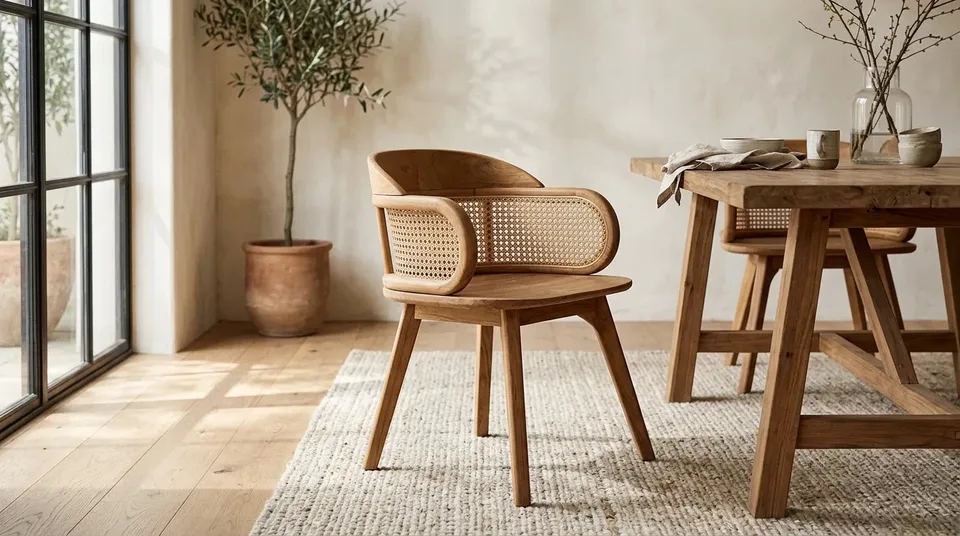 Cane wrap-back chair near a wooden dining table
