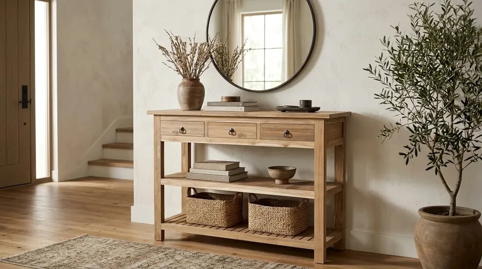 Three-drawer console with baskets in an entryway