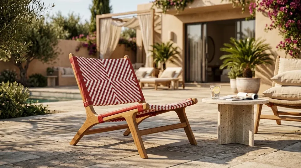 Red-and-white woven lounge chair on a stone terrace