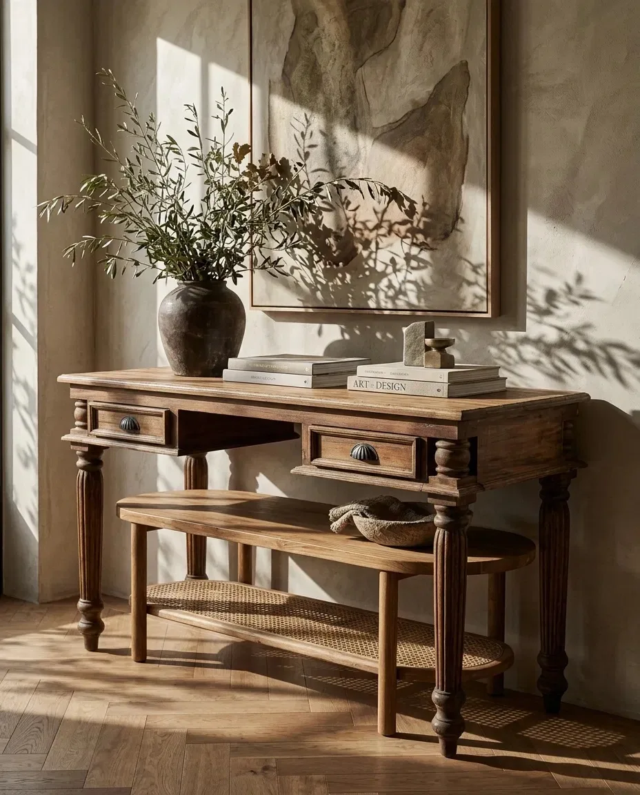 Writing desk with a vase and artwork in a warm interior