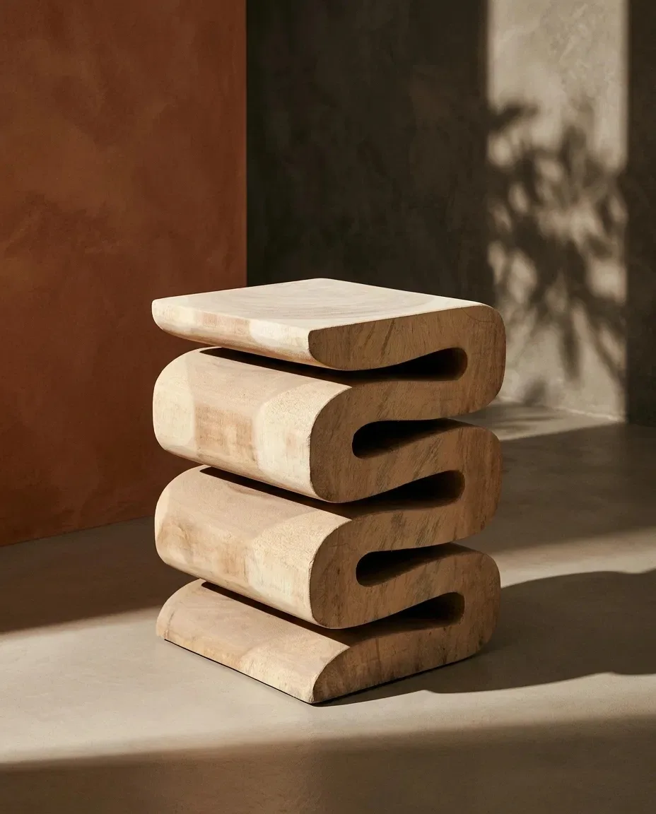 Wave-form side table against a terracotta wall in low sun