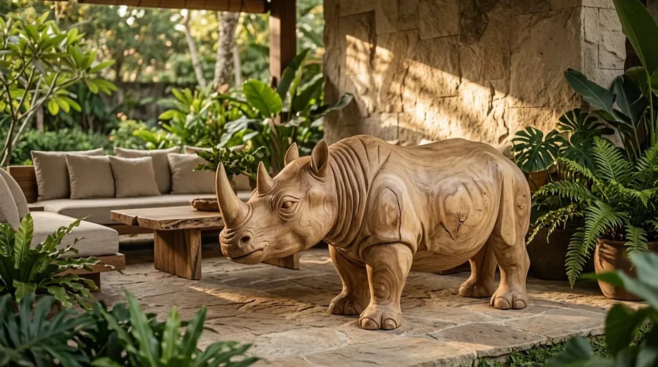 Carved wooden rhinoceros on a garden terrace with tropical plants