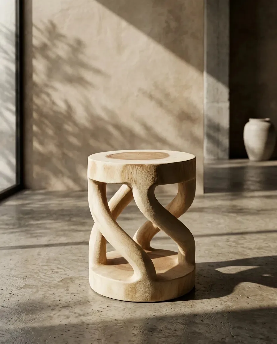 Twist side table on a stone floor in raking sunlight