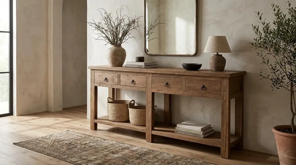 Long console with baskets beneath a mirror in an entryway