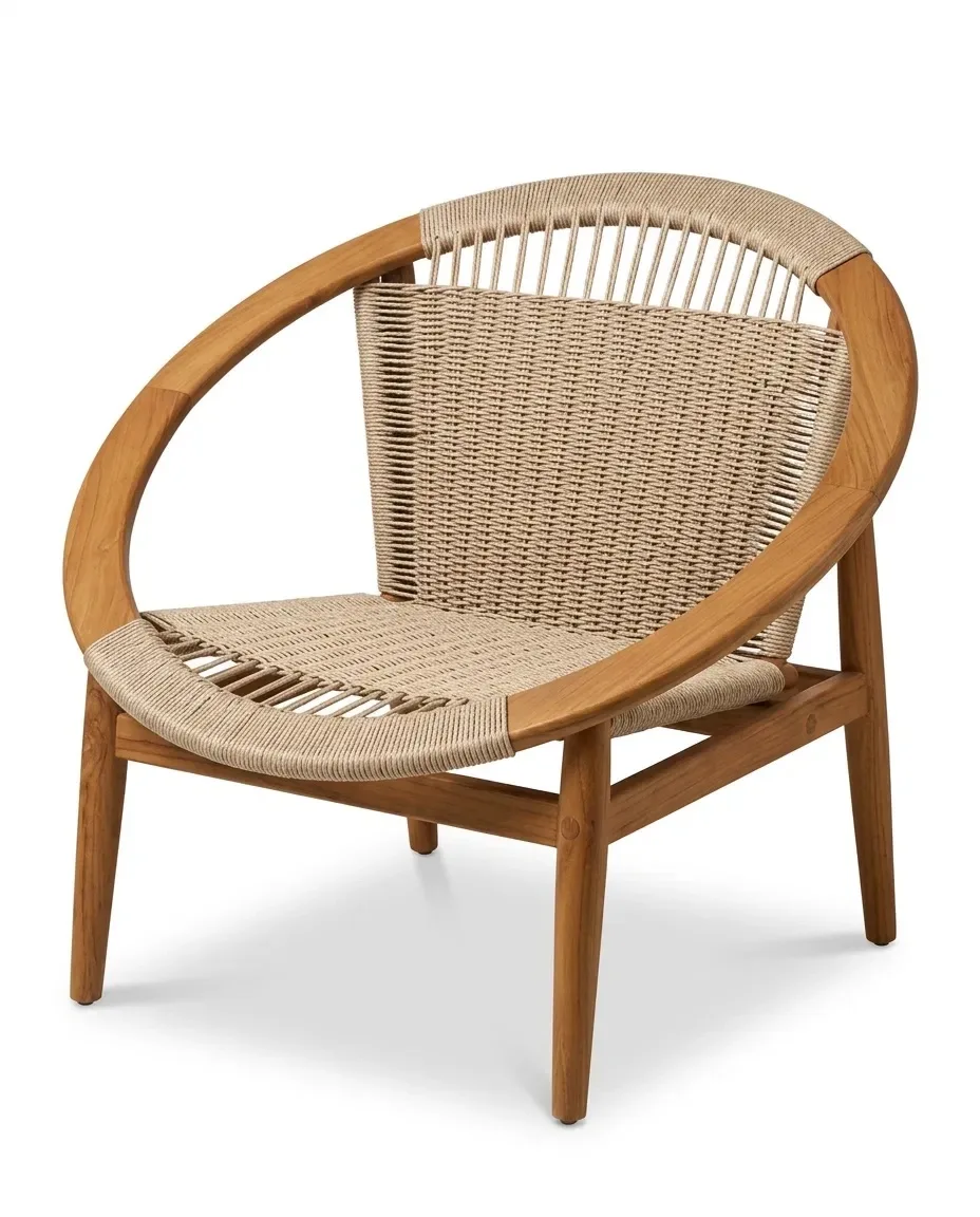 Lounge chair with round wooden hoop arms and beige rope seat, three-quarter view