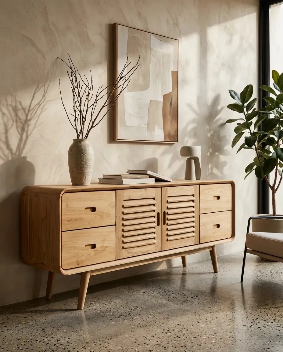 Louvered sideboard with vases and artwork in a sunlit room
