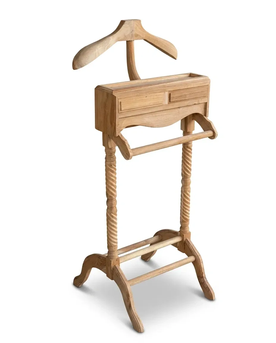Wooden valet stand with hanger, drawer box and twisted legs, front view