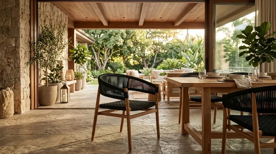 Black rope armchairs around a dining table on a covered terrace