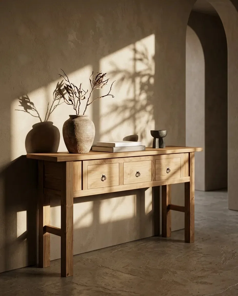 Three-drawer console with vases in warm, shadowed light
