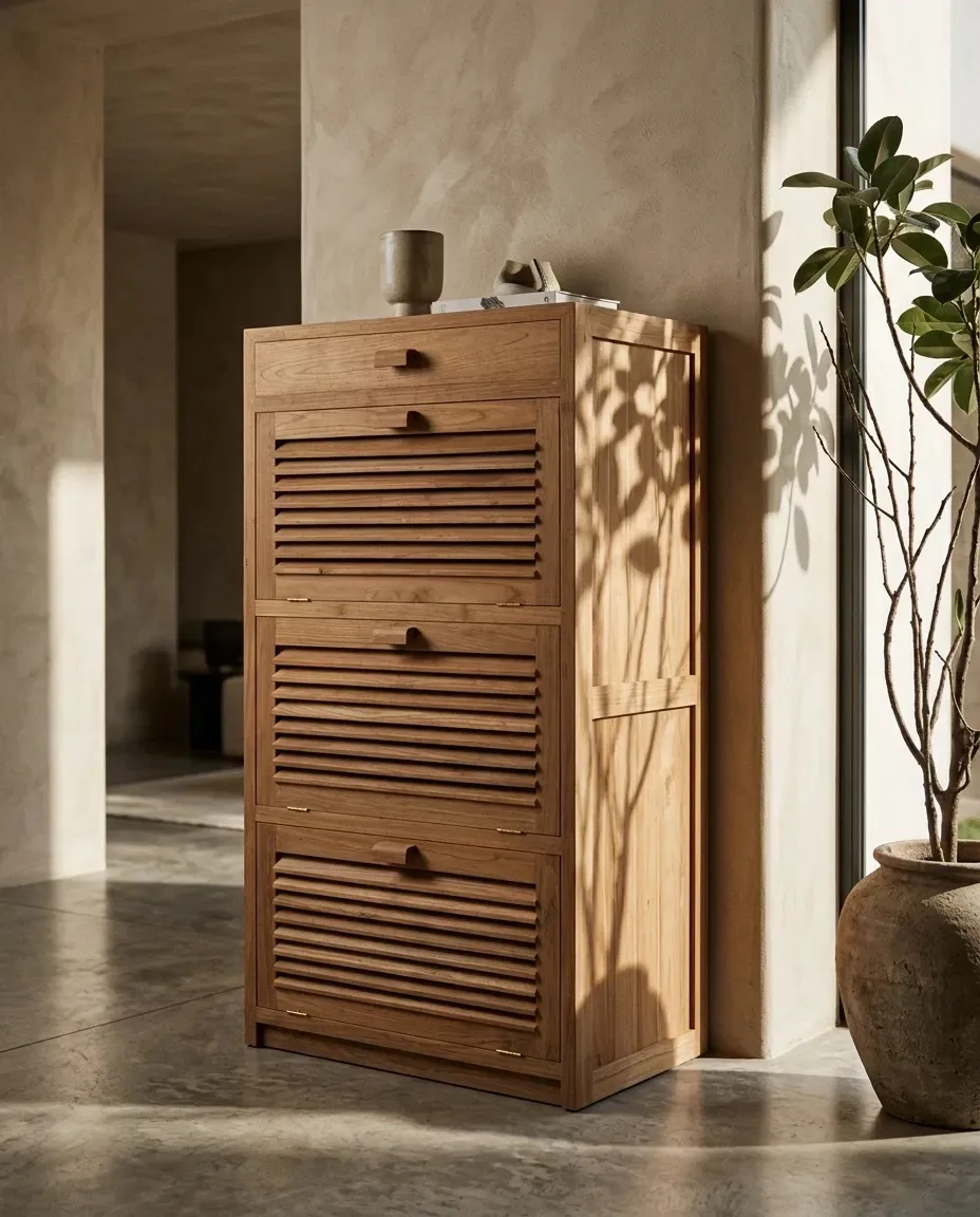 Louvered shoe cabinet in a hallway beside a plant