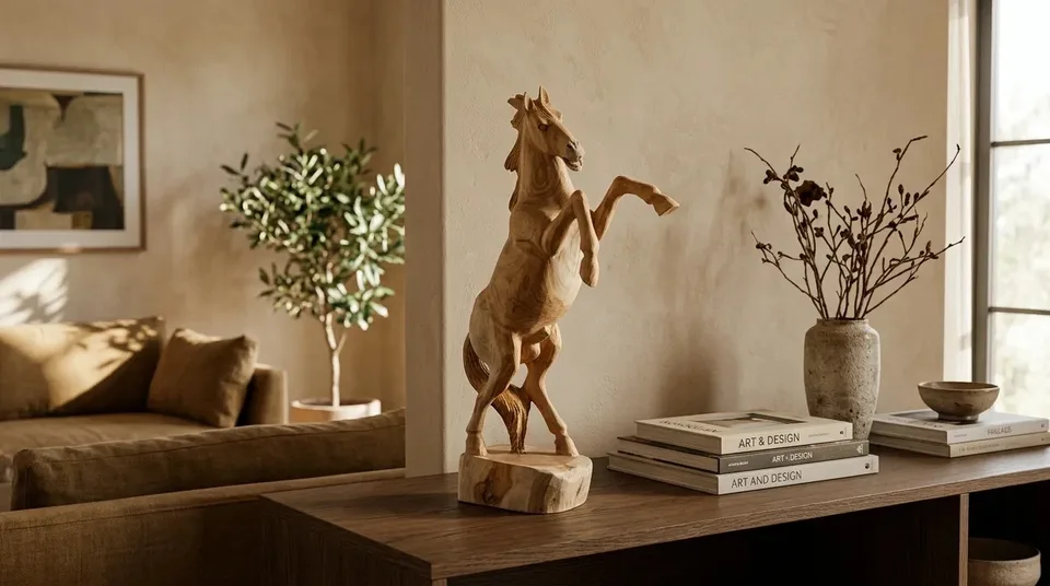 Carved rearing horse on a console beside books and plants