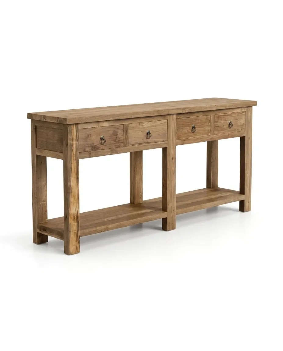 Long console with four drawers and a lower shelf, three-quarter view