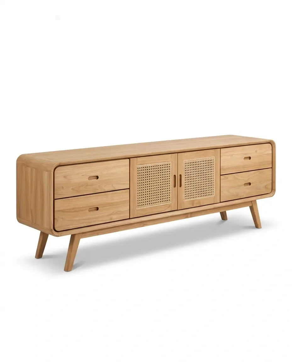 Long TV console with cane center doors and four drawers, three-quarter view