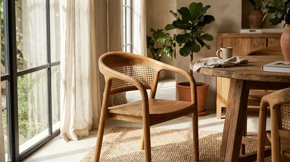 Round-back cane armchair beside a rustic dining table