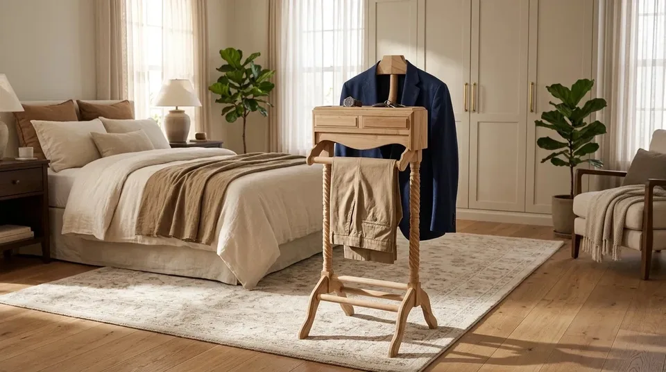 Valet stand with jacket and trousers at the foot of a bed