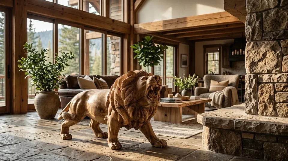 Carved wooden lion in a lodge-style living room by a stone fireplace